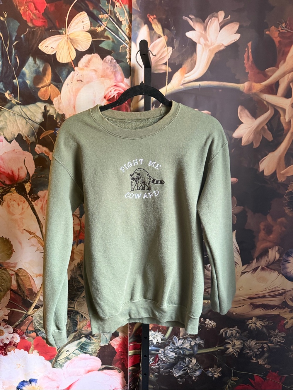 Unisex Small Olive Green “Fight Me Coward” embroidered sweatshirt in GUC!